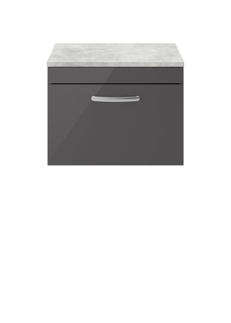 Nuie Athena 600mm 1 Drawer Wall Hung Vanity Unit with Bellato Grey Worktop - Gloss Grey