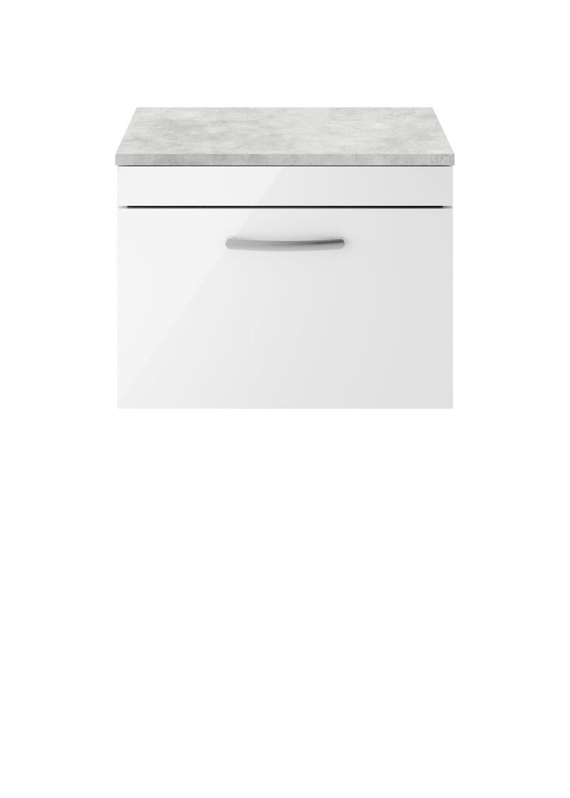 Nuie Athena 600mm 1 Drawer Wall Hung Vanity Unit with Bellato Grey Worktop - Gloss White