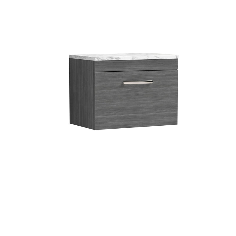 Nuie Athena 600mm 1 Drawer Wall Hung Vanity Unit with Carrara Laminate Worktop - Anthracite Woodgrain