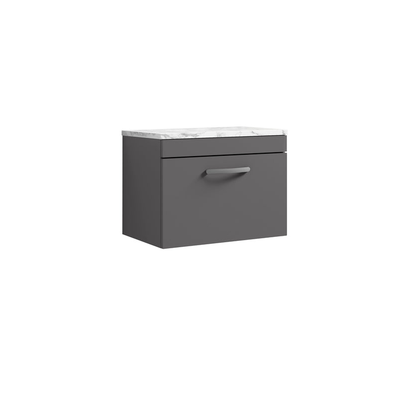 Nuie Athena 600mm 1 Drawer Wall Hung Vanity Unit with Carrara Laminate Worktop - Gloss Grey