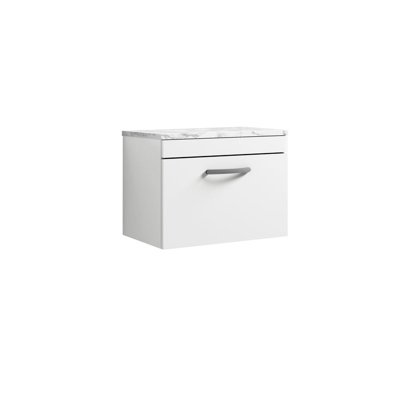 Nuie Athena 600mm 1 Drawer Wall Hung Vanity Unit with Carrara Laminate Worktop - Gloss White