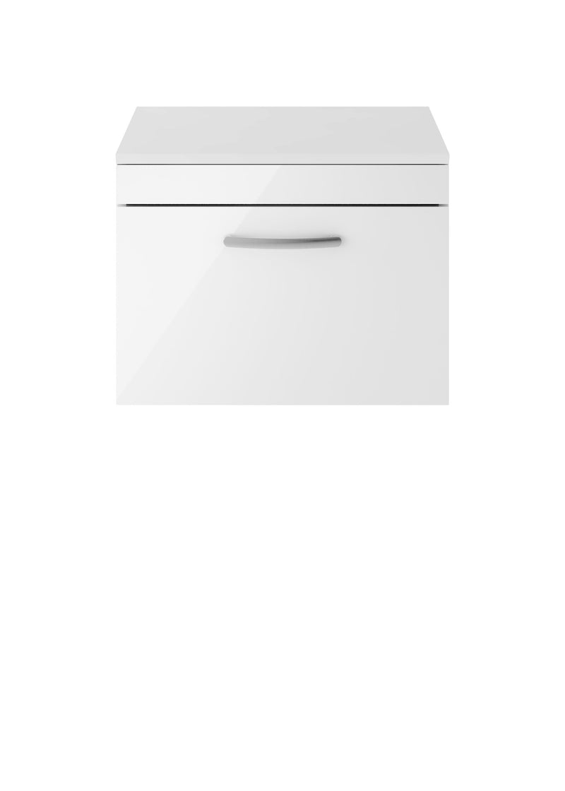 Nuie Athena 600mm 1 Drawer Wall Hung Vanity Unit with Co-ordinating Worktop - Gloss White