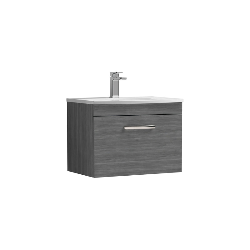 Nuie Athena 600mm 1 Drawer Wall Hung Vanity Unit with Curved Basin - Anthracite Woodgrain