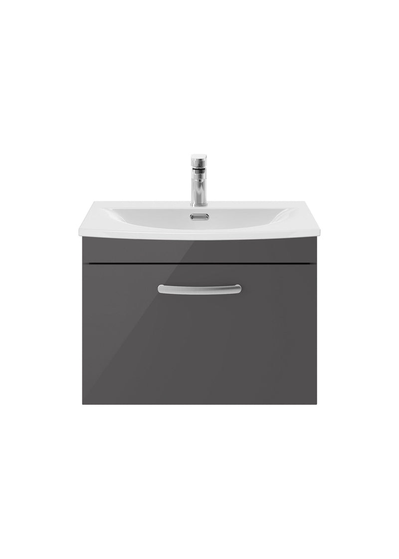 Nuie Athena 600mm 1 Drawer Wall Hung Vanity Unit with Curved Basin - Gloss Grey