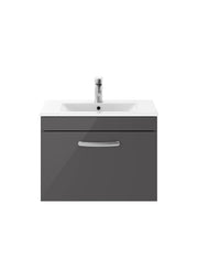 Nuie Athena 600mm 1 Drawer Wall Hung Vanity Unit with Minimalist Basin - Gloss Grey