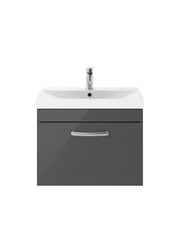 Nuie Athena 600mm 1 Drawer Wall Hung Vanity Unit with Thin Edge Basin - Gloss Grey
