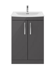 Nuie Athena 600mm 2 Door Floor Standing Vanity Unit with Curved Basin - Gloss Grey