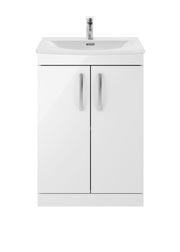 Nuie Athena 600mm 2 Door Floor Standing Vanity Unit with Curved Basin - Gloss White