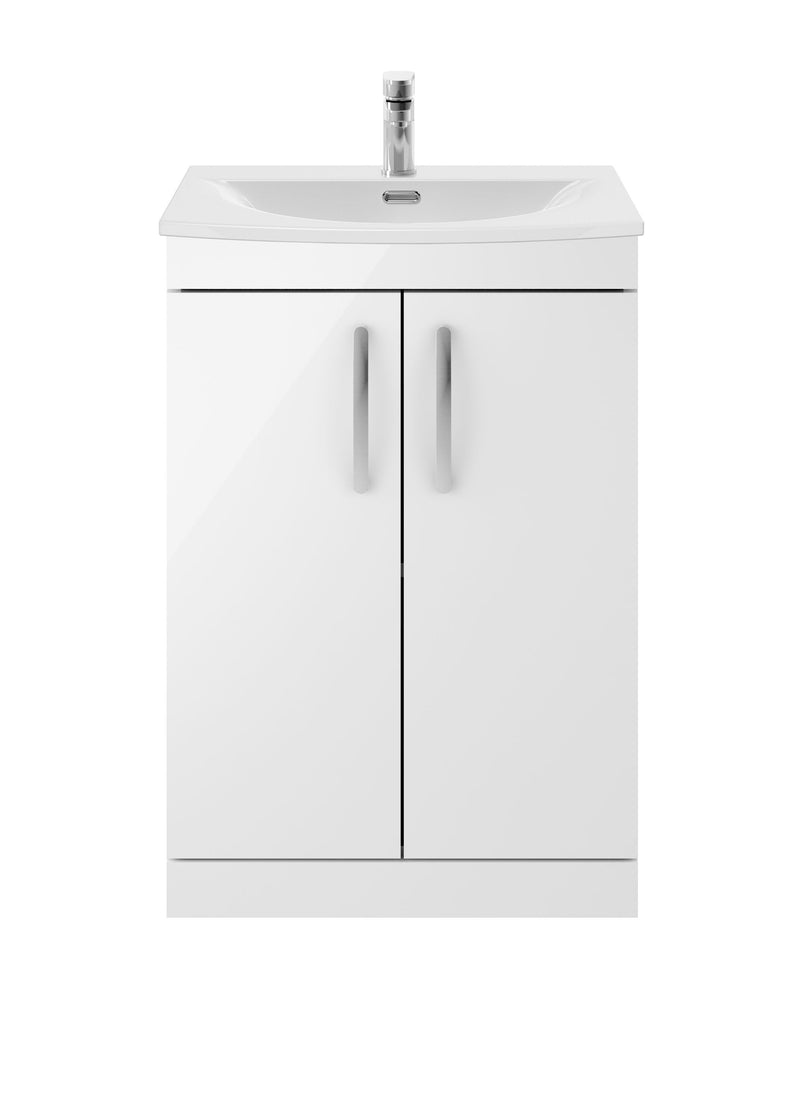 Nuie Athena 600mm 2 Door Floor Standing Vanity Unit with Curved Basin - Gloss White