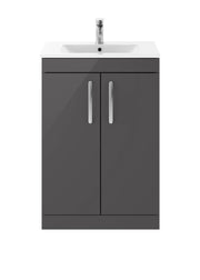 Nuie Athena 600mm 2 Door Floor Standing Vanity Unit with Minimalist Basin - Gloss Grey
