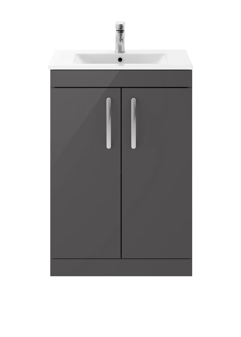 Nuie Athena 600mm 2 Door Floor Standing Vanity Unit with Minimalist Basin - Gloss Grey