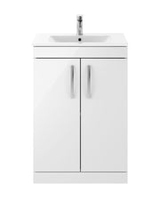Nuie Athena 600mm 2 Door Floor Standing Vanity Unit with Minimalist Basin - Gloss White