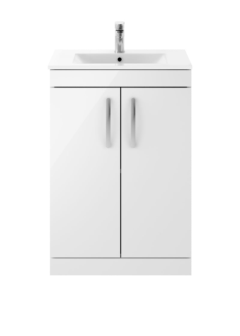 Nuie Athena 600mm 2 Door Floor Standing Vanity Unit with Minimalist Basin - Gloss White