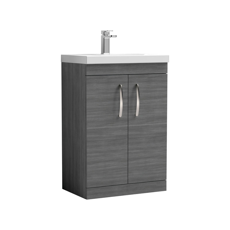 Nuie Athena 600mm 2 Door Floor Standing Vanity Unit with Thin Edge Basin - Anthracite Woodgrain