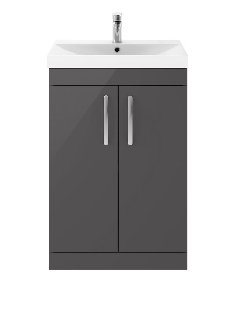 Nuie Athena 600mm 2 Door Floor Standing Vanity Unit with Thin Edge Basin - Gloss Grey