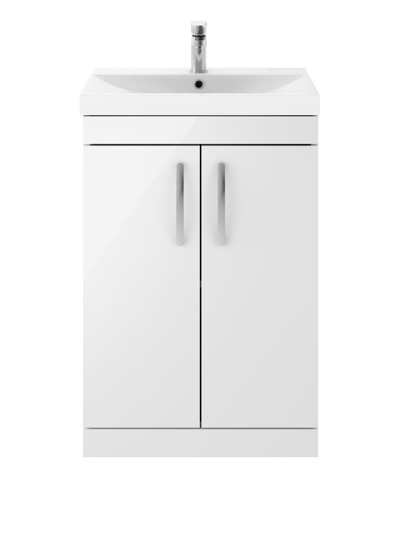 Nuie Athena 600mm 2 Door Floor Standing Vanity Unit with Thin Edge Basin - Gloss White