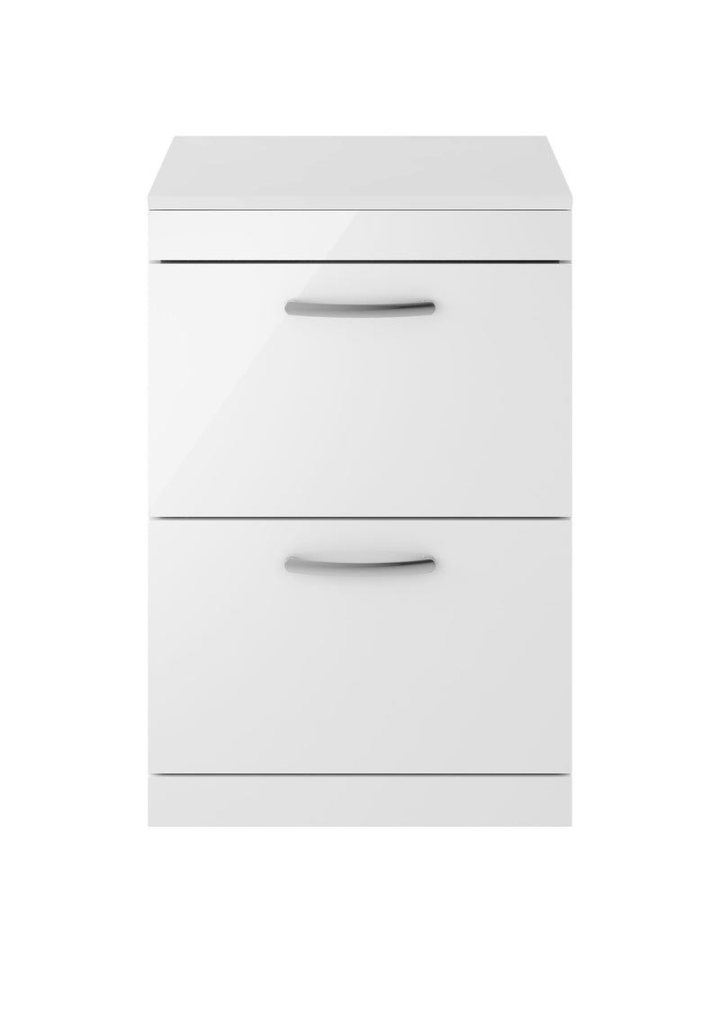 Nuie Athena 600mm 2 Drawer Floor Standing Vanity Unit with Co-ordinating Worktop - Gloss White