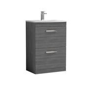 Nuie Athena 600mm 2 Drawer Floor Standing Vanity Unit with Curved Basin - Anthracite Woodgrain