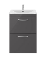 Nuie Athena 600mm 2 Drawer Floor Standing Vanity Unit with Curved Basin - Gloss Grey