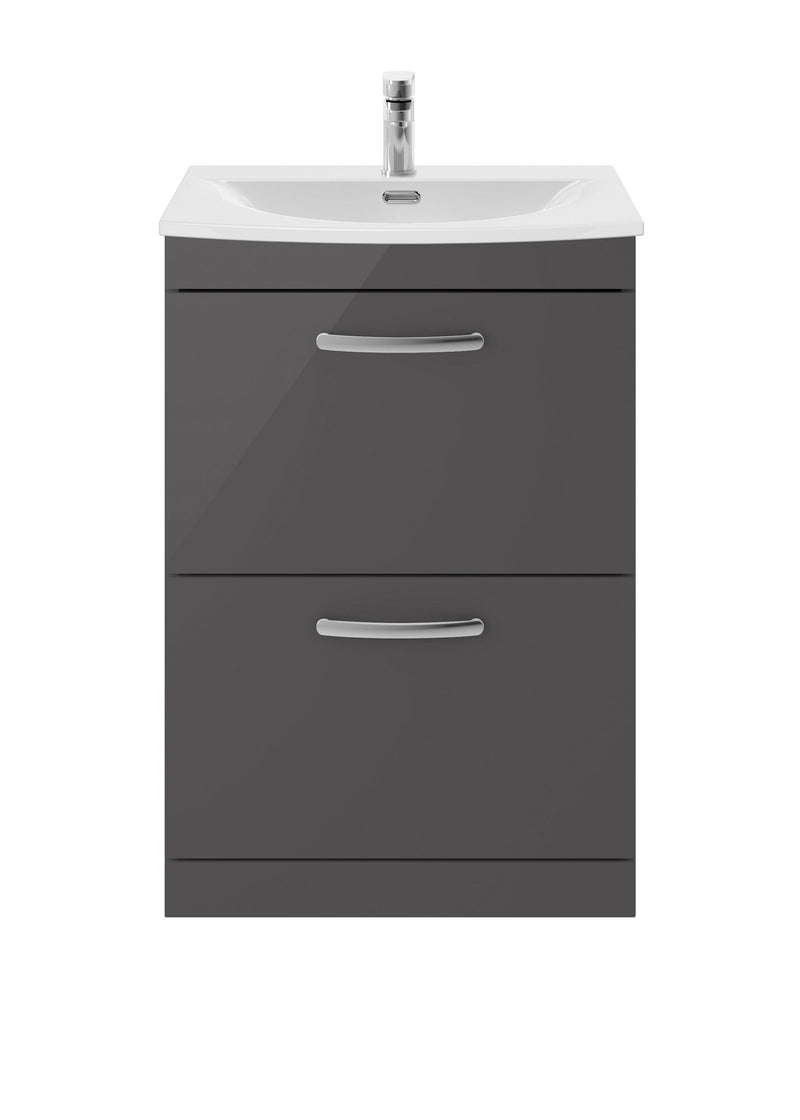 Nuie Athena 600mm 2 Drawer Floor Standing Vanity Unit with Curved Basin - Gloss Grey