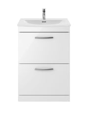 Nuie Athena 600mm 2 Drawer Floor Standing Vanity Unit with Curved Basin - Gloss White