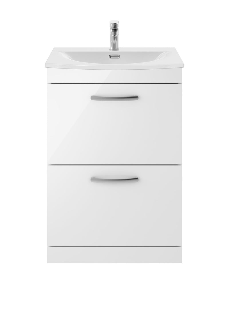 Nuie Athena 600mm 2 Drawer Floor Standing Vanity Unit with Curved Basin - Gloss White