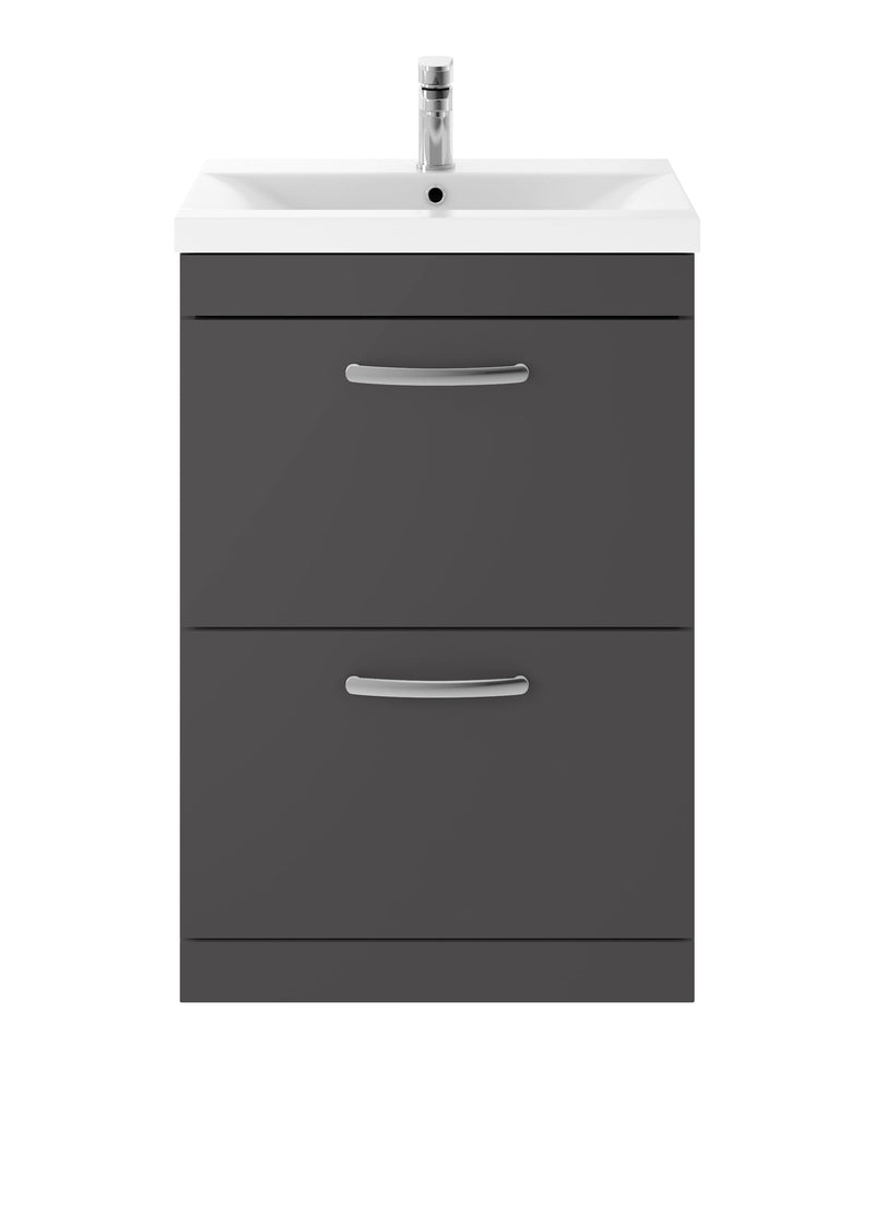 Nuie Athena 600mm 2 Drawer Floor Standing Vanity Unit with Mid-Edge Basin - Gloss Grey