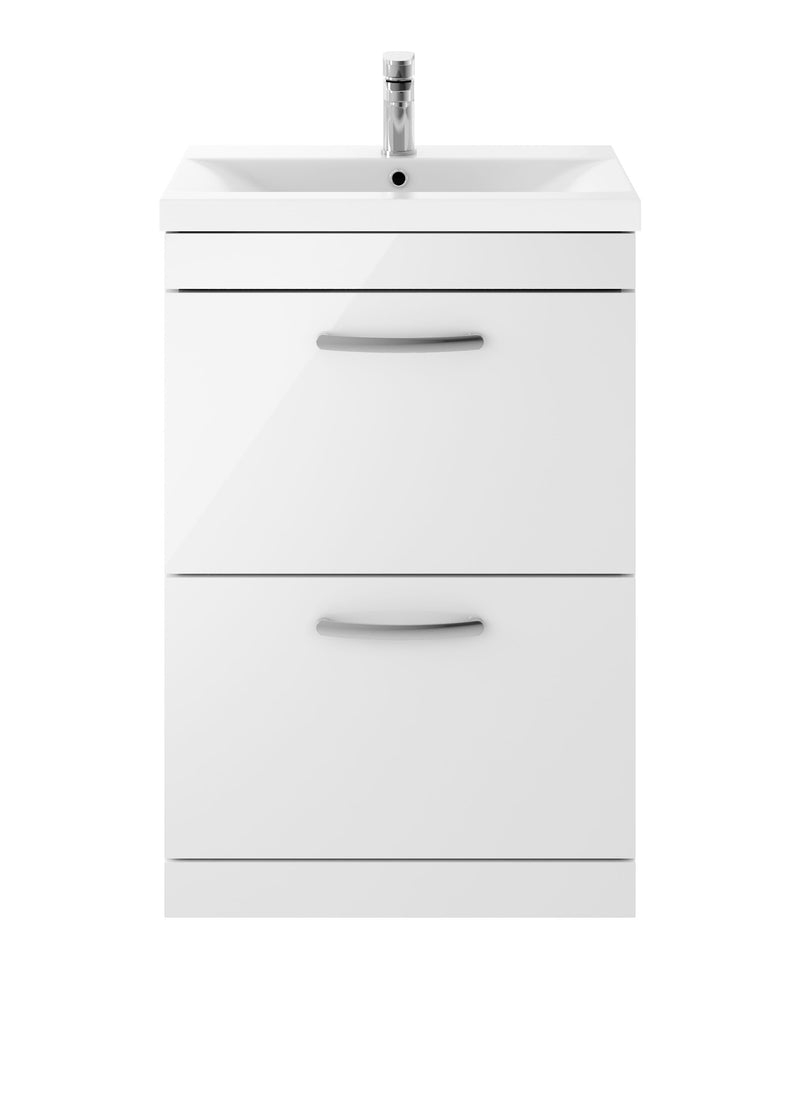 Nuie Athena 600mm 2 Drawer Floor Standing Vanity Unit with Mid-Edge Basin - Gloss White