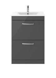 Nuie Athena 600mm 2 Drawer Floor Standing Vanity Unit with Minimalist Basin - Gloss Grey