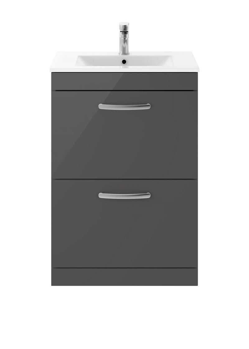 Nuie Athena 600mm 2 Drawer Floor Standing Vanity Unit with Minimalist Basin - Gloss Grey