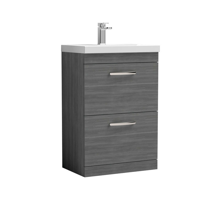 Nuie Athena 600mm 2 Drawer Floor Standing Vanity Unit with Thin Edge Basin - Anthracite Woodgrain