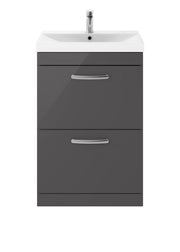 Nuie Athena 600mm 2 Drawer Floor Standing Vanity Unit with Thin Edge Basin - Gloss Grey