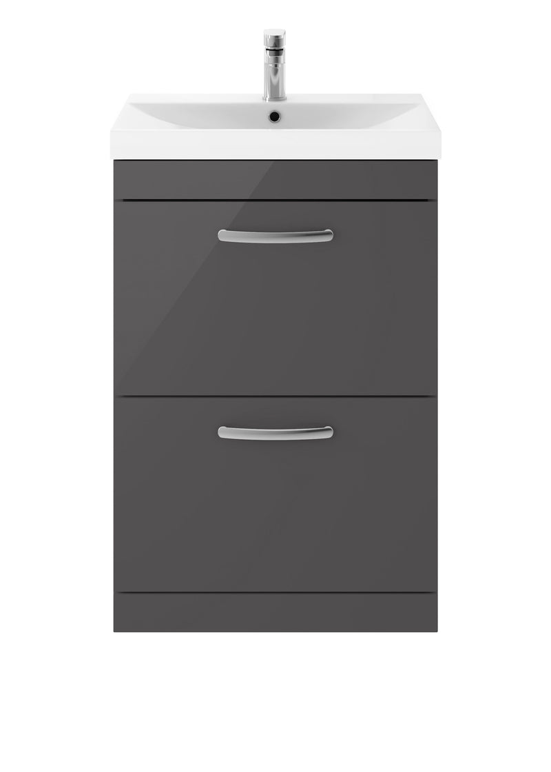Nuie Athena 600mm 2 Drawer Floor Standing Vanity Unit with Thin Edge Basin - Gloss Grey