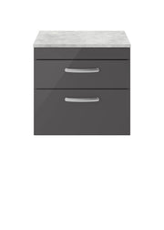 Nuie Athena 600mm 2 Drawer Wall Hung Vanity Unit with Bellato Grey Worktop - Gloss Grey