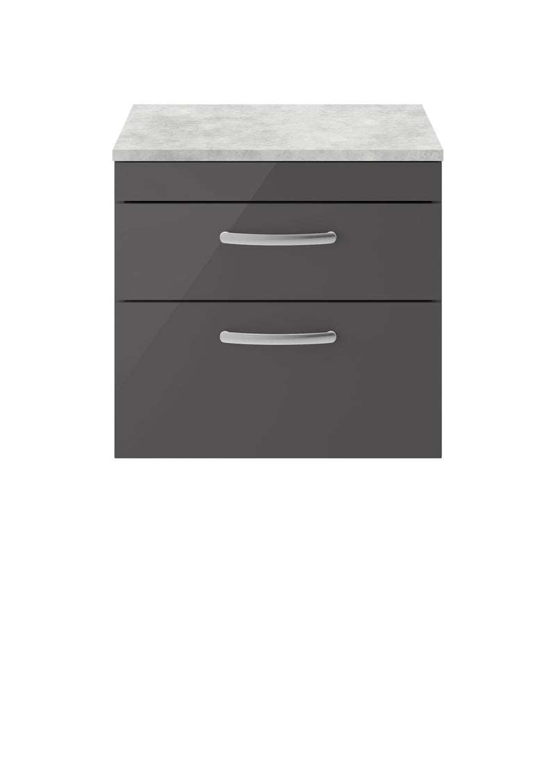 Nuie Athena 600mm 2 Drawer Wall Hung Vanity Unit with Bellato Grey Worktop - Gloss Grey