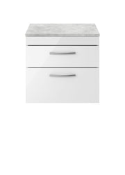Nuie Athena 600mm 2 Drawer Wall Hung Vanity Unit with Bellato Grey Worktop - Gloss White