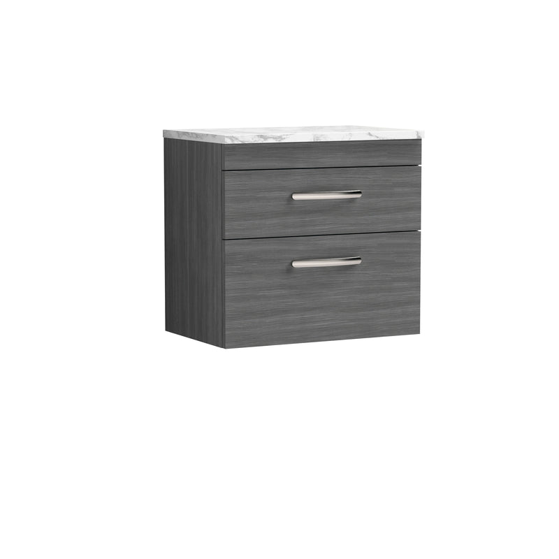 Nuie Athena 600mm 2 Drawer Wall Hung Vanity Unit with Carrara Laminate Worktop - Anthracite Woodgrain