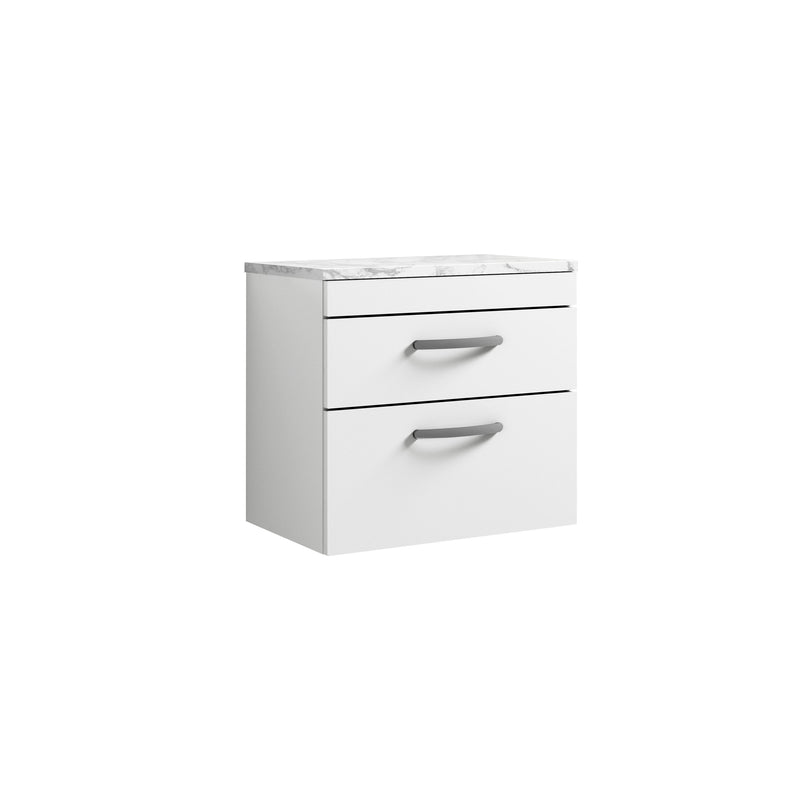 Nuie Athena 600mm 2 Drawer Wall Hung Vanity Unit with Carrara Laminate Worktop - Gloss White