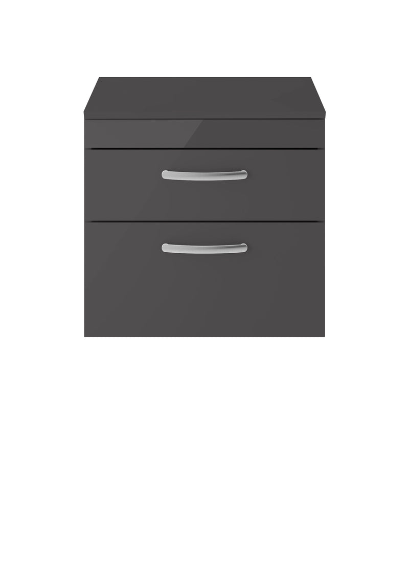 Nuie Athena 600mm 2 Drawer Wall Hung Vanity Unit with Co-ordinating Worktop - Gloss Grey