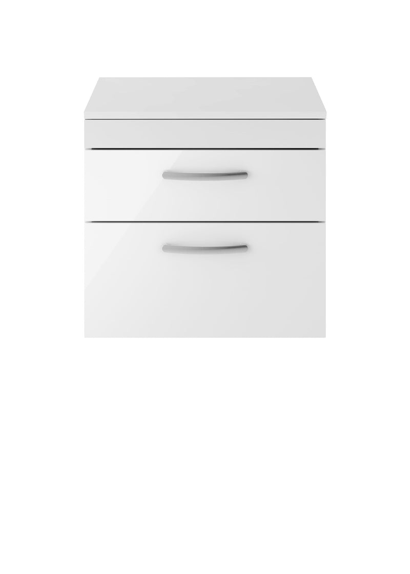 Nuie Athena 600mm 2 Drawer Wall Hung Vanity Unit with Co-ordinating Worktop - Gloss White