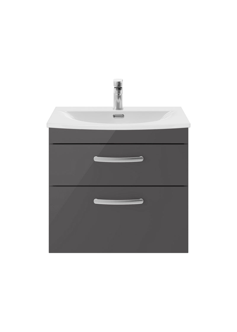 Nuie Athena 600mm 2 Drawer Wall Hung Vanity Unit with Curved Basin - Gloss Grey