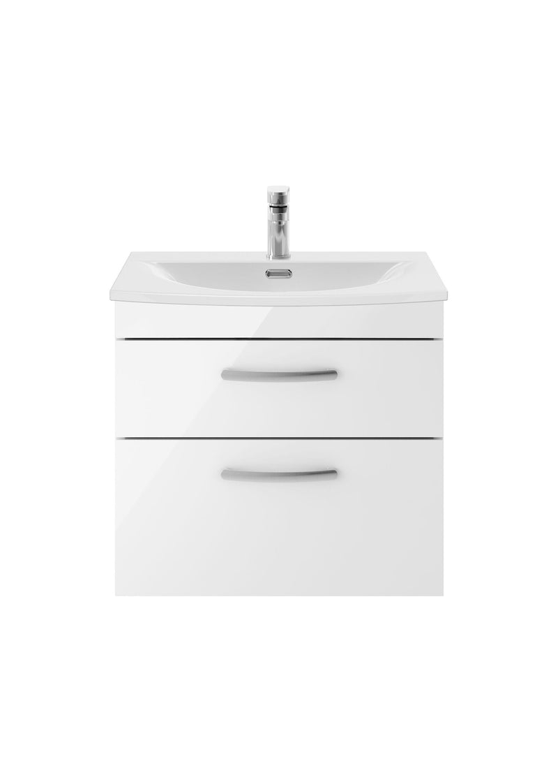 Nuie Athena 600mm 2 Drawer Wall Hung Vanity Unit with Curved Basin - Gloss White