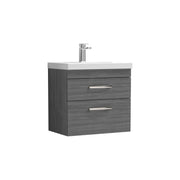 Nuie Athena 600mm 2 Drawer Wall Hung Vanity Unit with Mid-Edge Basin - Anthracite Woodgrain