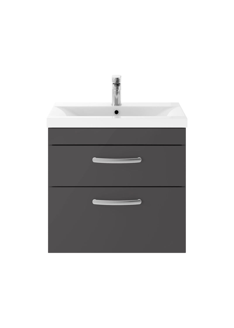Nuie Athena 600mm 2 Drawer Wall Hung Vanity Unit with Mid-Edge Basin - Gloss Grey