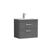 Nuie Athena 600mm 2 Drawer Wall Hung Vanity Unit with Minimalist Basin - Anthracite Woodgrain