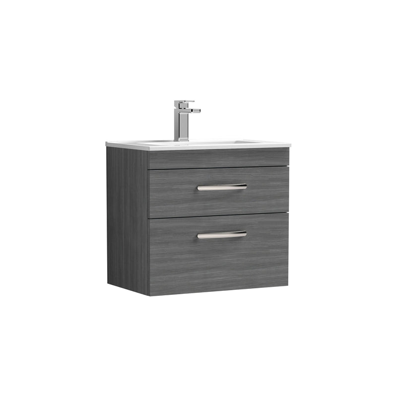 Nuie Athena 600mm 2 Drawer Wall Hung Vanity Unit with Minimalist Basin - Anthracite Woodgrain