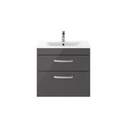 Nuie Athena 600mm 2 Drawer Wall Hung Vanity Unit with Minimalist Basin - Gloss Grey