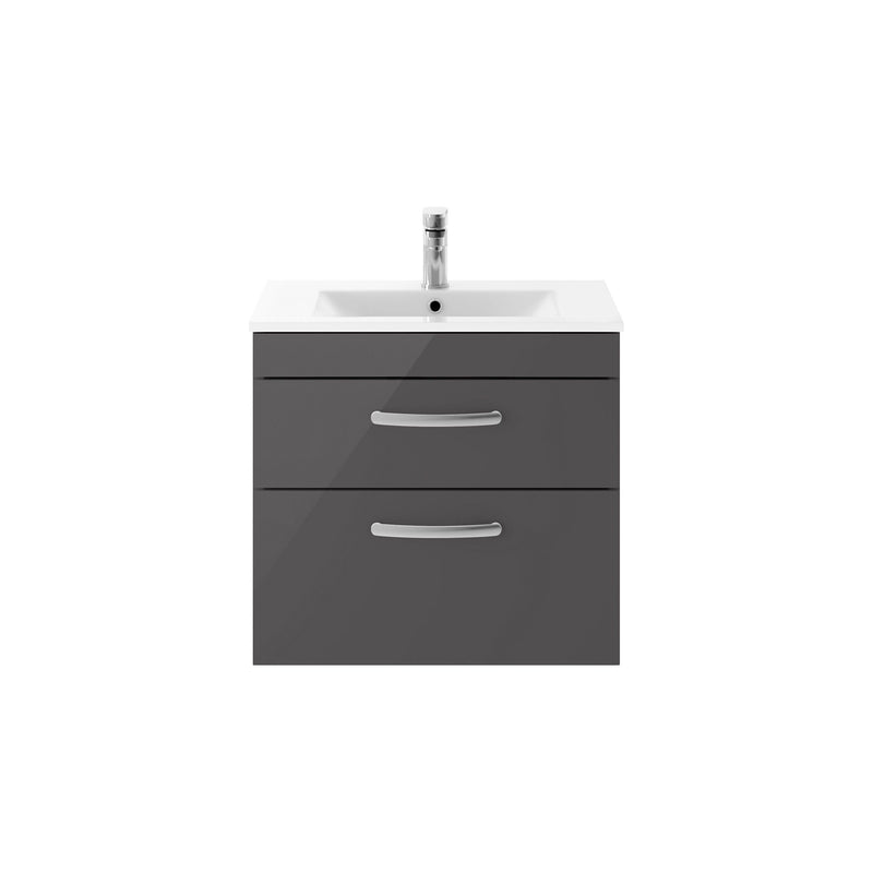 Nuie Athena 600mm 2 Drawer Wall Hung Vanity Unit with Minimalist Basin - Gloss Grey