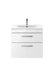 Nuie Athena 600mm 2 Drawer Wall Hung Vanity Unit with Minimalist Basin - Gloss White