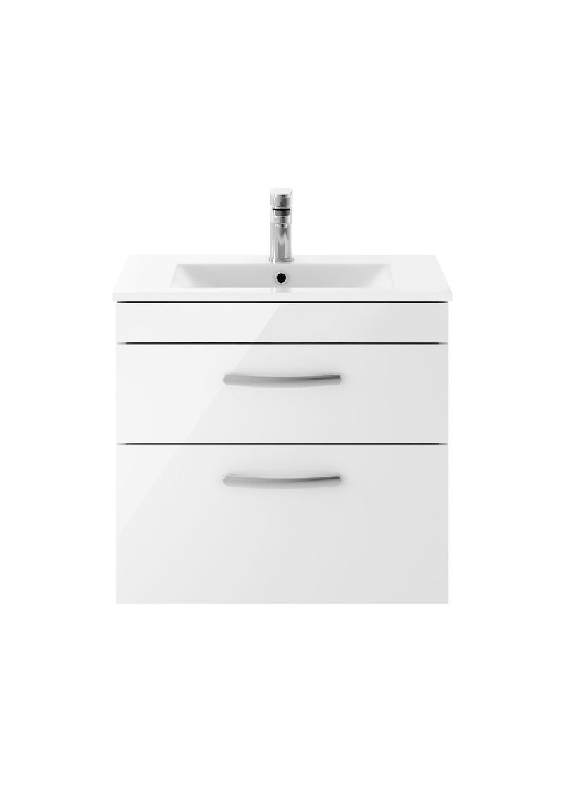Nuie Athena 600mm 2 Drawer Wall Hung Vanity Unit with Minimalist Basin - Gloss White